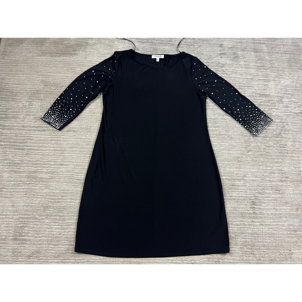 Chaus‎ Black Pearl Rhinestone Embellished Sleeve Shift Dress Womens Large L USA
